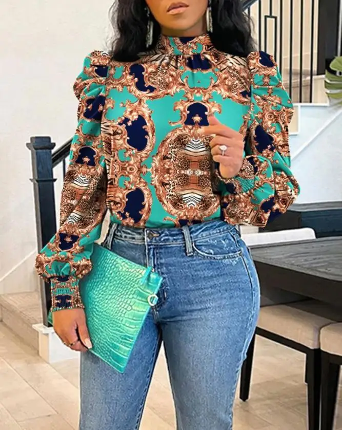 

Tops Women 2022 Trendy Fashion Vintage Baroque Print Tie Back Shirred Puff Sleeve Top Elegant Work Long Sleeve Blouses All-Match