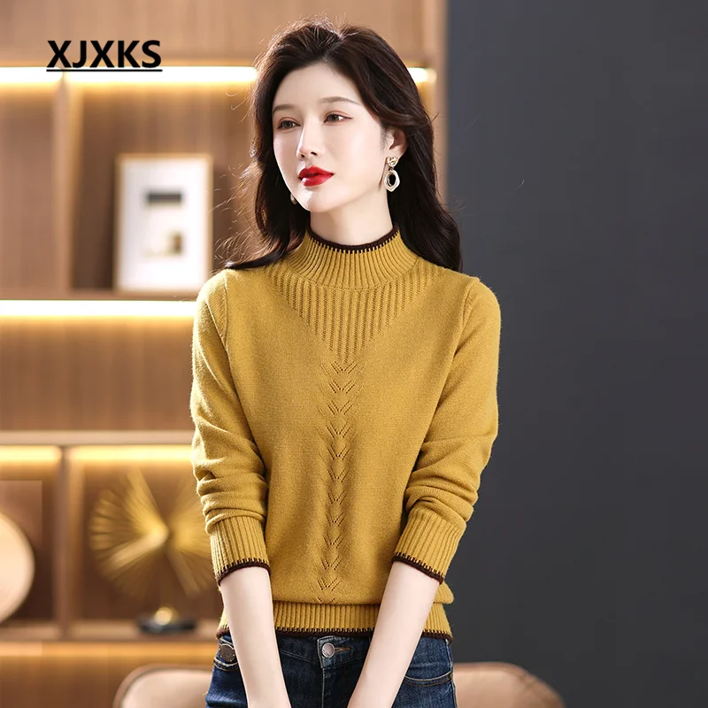 

Однотонный Универсальный женский свитер XJXKS с высоким воротом, новинка зимы 2022, теплый шерстяной вязаный пуловер, женский свитер