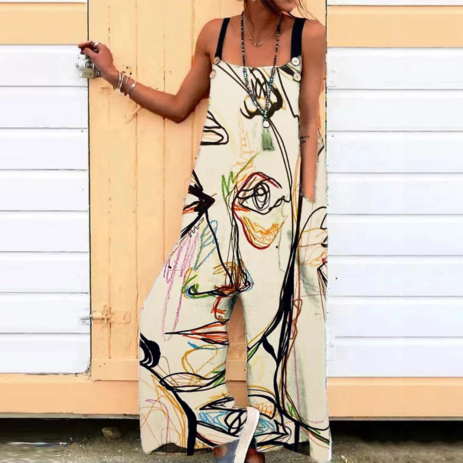 

Green Pant Romper Casual Pocket Women Romper Strap Printed Oversized Playsuit Button Long Black Women Jumpsuits And Rompers