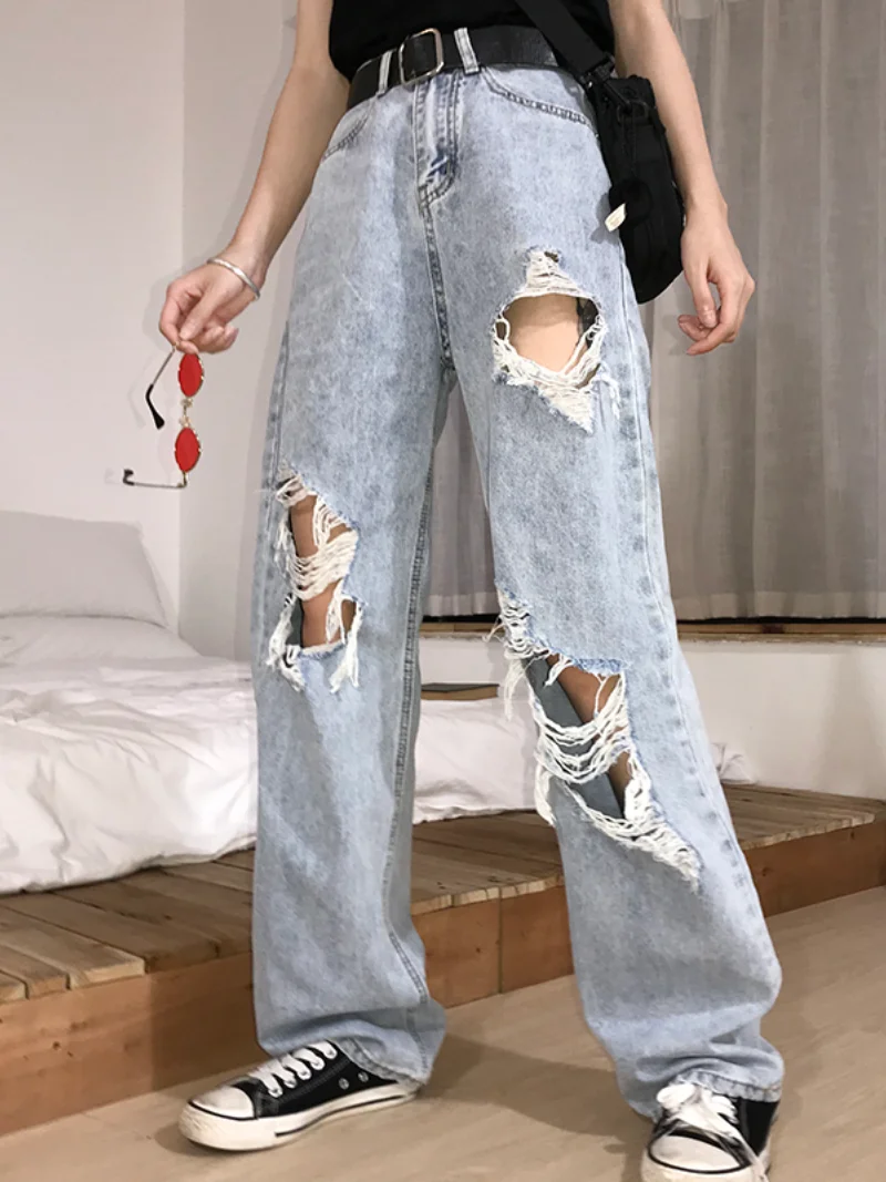 2023 Women's High Waist Ripped Jeans New Women Hip Hop Loose Jeans Pants Vintage Torn Trousers Female Streetwear Plus Size 5XL
