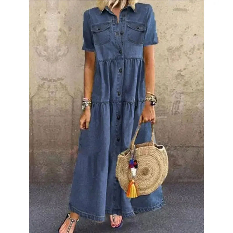 

2021 Long Solid Denim Pleated Short Sleeve Shirt Dress