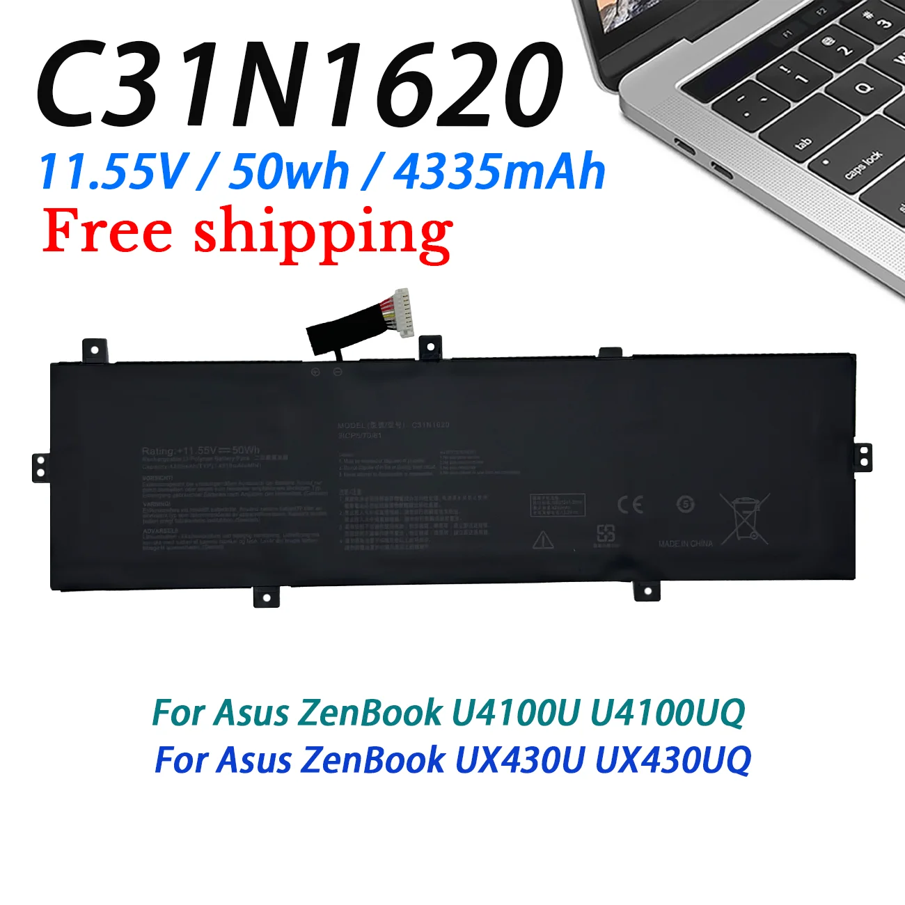 C31N1620 Аккумулятор для ноутбука Asus Zenbook U4100U U4100UQ UX430U UX430UQ 11 55 V 50wh 4335mAh