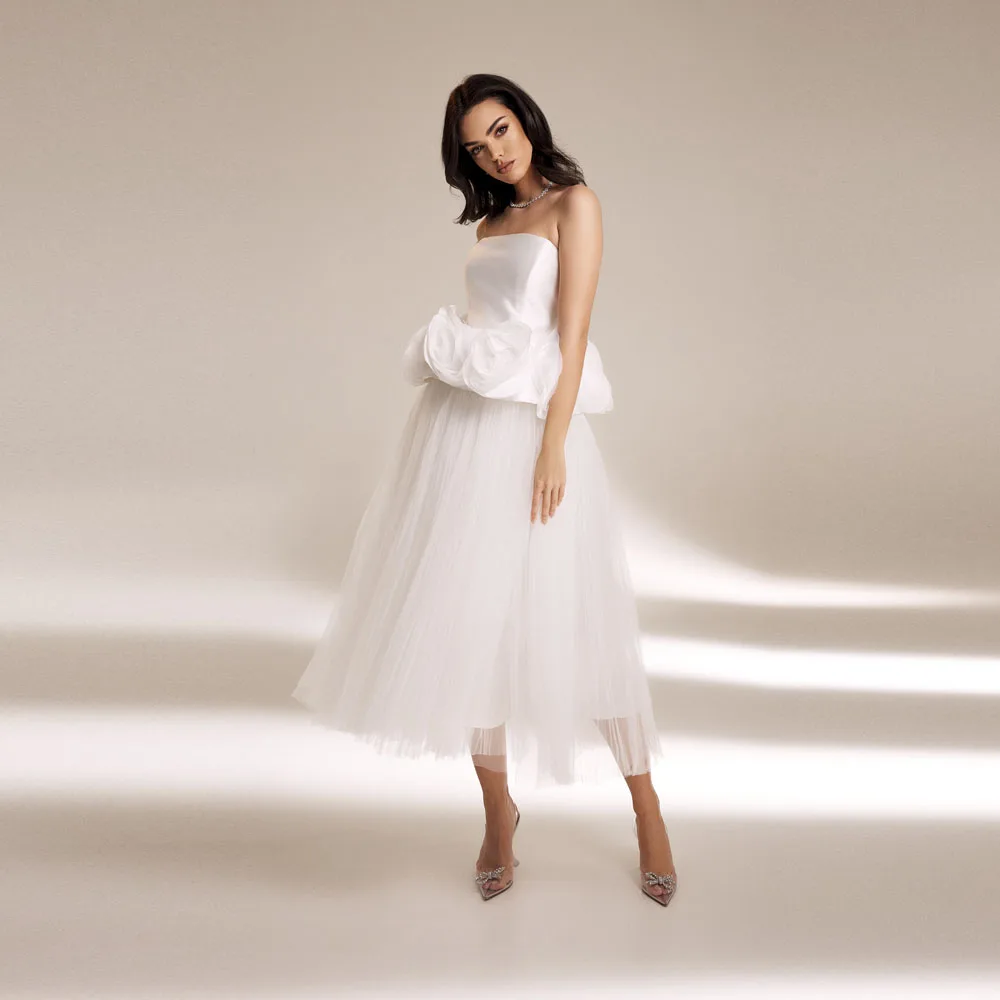 Dreamlike Pure White Mid Calf Floral Formal Dresses Strapless Peplum 3D Flower A-line Women Maxi Dress Bridal