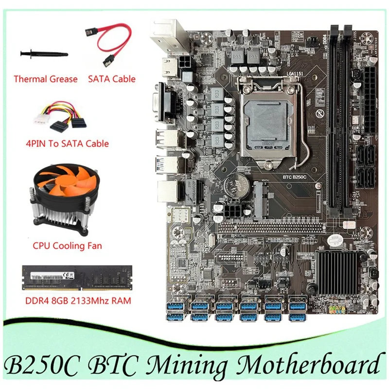 

B250C BTC Mining Motherboard 12GPU PCIE To USB3.0 LGA1151 DDR4 8GB 2133Mhz RAM+4PIN To SATA Cable+Cooling Fan ETH Miner