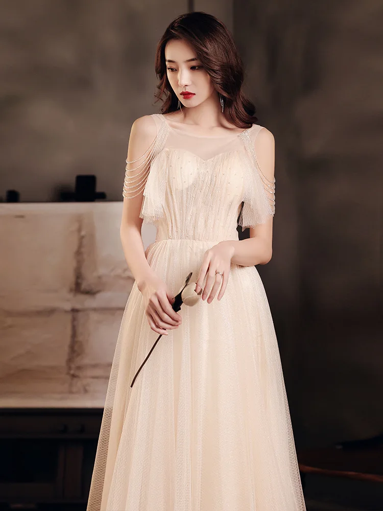 

Elegant Champagne Evening Dresses Sexy Sleeveless Off Shoulder Ankle-Length Princess Dress Temperament Tulle Long Party Gown