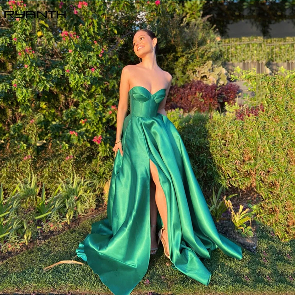 

Ryanth Green Strapless Satin Side Split Evening Dress for Women Elegant Sawetheart Backless A Line Prom Party Gown Floor Length