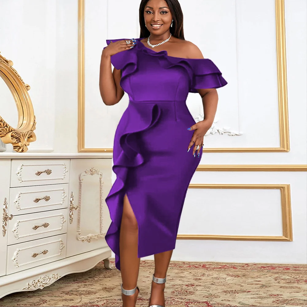 

Женское платье с Боковым Разрезом, элегантное платье с косым плечом и листьями лотоса, стильное платье для вечерние, женская одежда