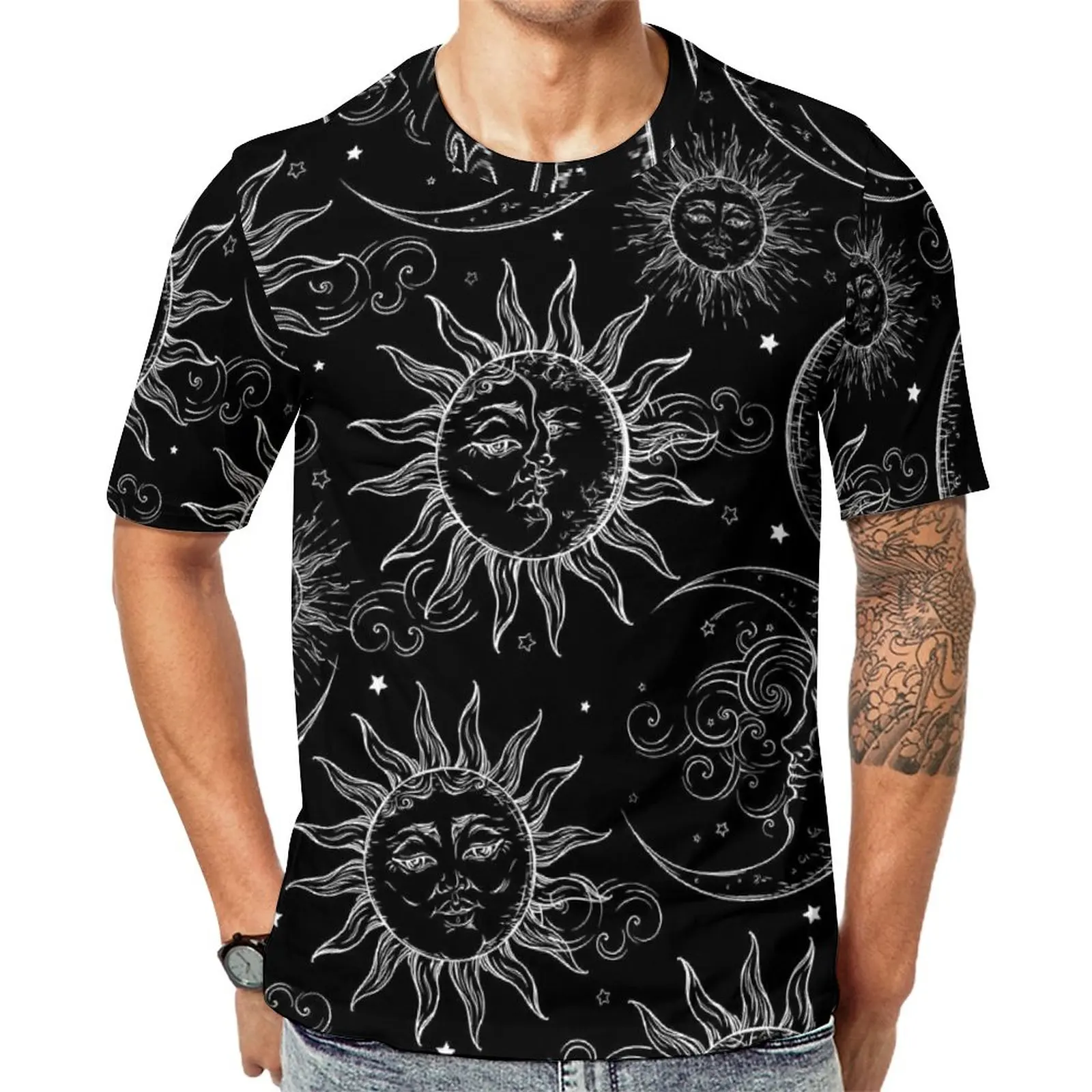 

Sun Moon Stars T Shirt Vintage Celestial Fashion T Shirts Men Essential Tshirt Premium Short-Sleeve Custom Tees 4XL 5XL 6XL