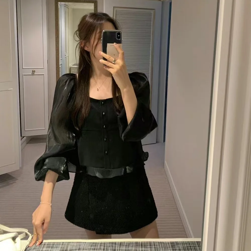 Корейская модная женская блузка с квадратным воротником и пуговицами