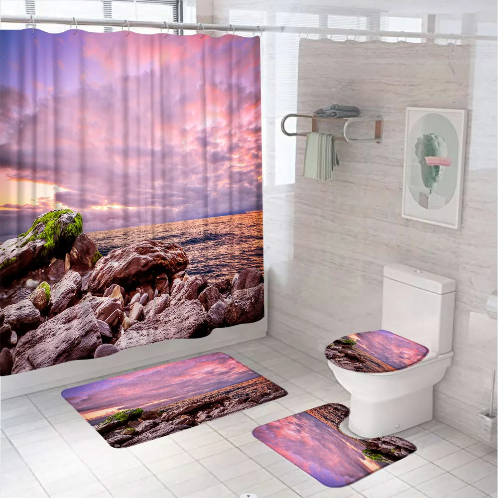 

Прибрежная скала, морской душ, фотообои, волны океана, фиолетовое облако, декорации, занавески для ванной, коврики для ванной, крышка, крышка для унитаза