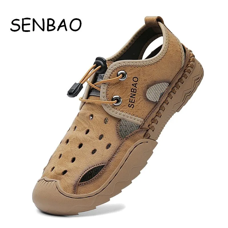 

SENBAO Summer Hollow Men Shoes Outdoor Casual Shoes Sandals Soft Leather Non-slip Hand Stitched Men Beach Sandals Big Size 38-46