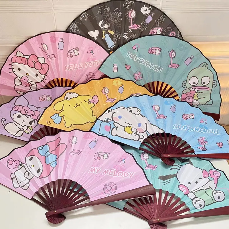 Sanrio Hellokitty Mymelody Kuromi Cinnamoroll Purin Summer Folding Fan Cartoon Children's Fan Cute 8-Inch Silk Cloth Bamboo Fan