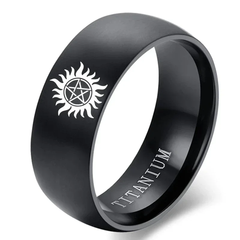 8MM Signet Ring Men's Sun Power Supernatural Titanium Steel For Men Jewelry Wedding Engagement Gifts Accessories