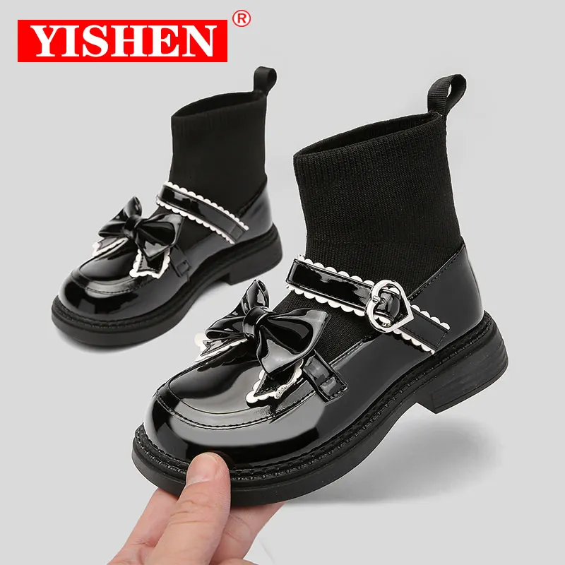 YISHEN Kids Boots Solid Black Leather Shoes For Girls Bow Socks Shoes Uniform Flying Knitted Stitching Children's Socks Boots