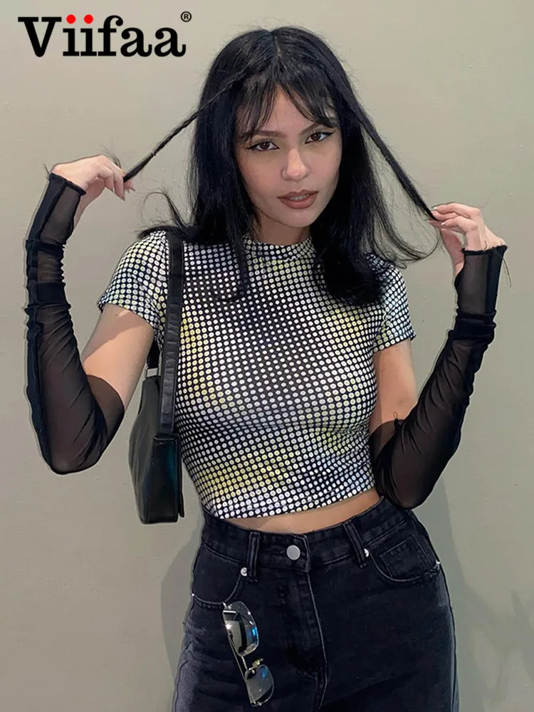 

Viifaa O-Neck Summer Polka Dot Y2K Crop Top T-Shirts with Mesh Sleeve Women 2022 Fashion Clothes Streetwear T Shirt