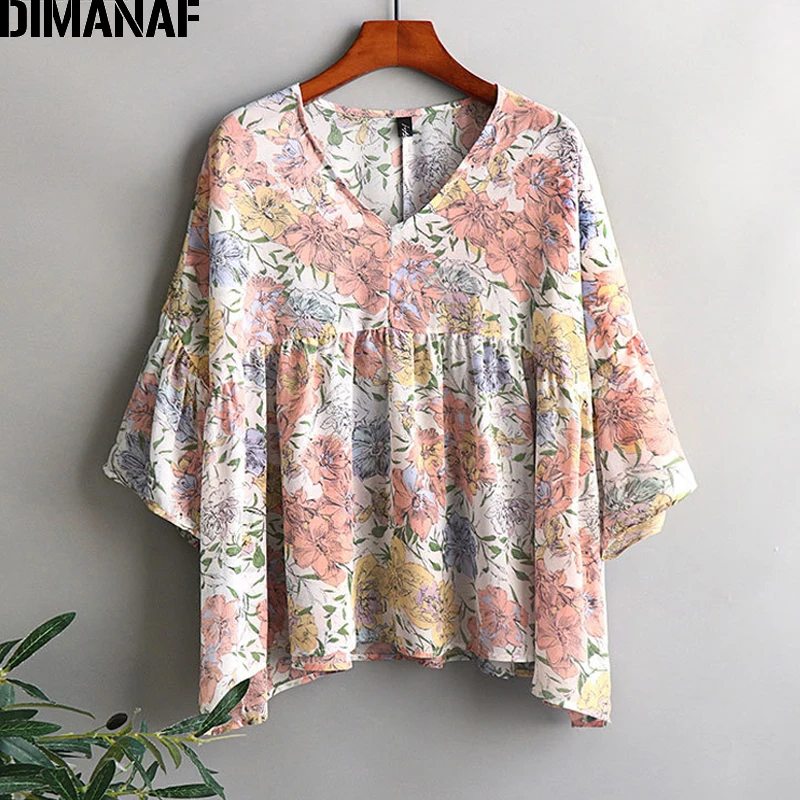 

Женская шифоновая блузка DIMANAF, пляжный топ с цветочным принтом, свободная повседневная рубашка большого размера для лета, 2022