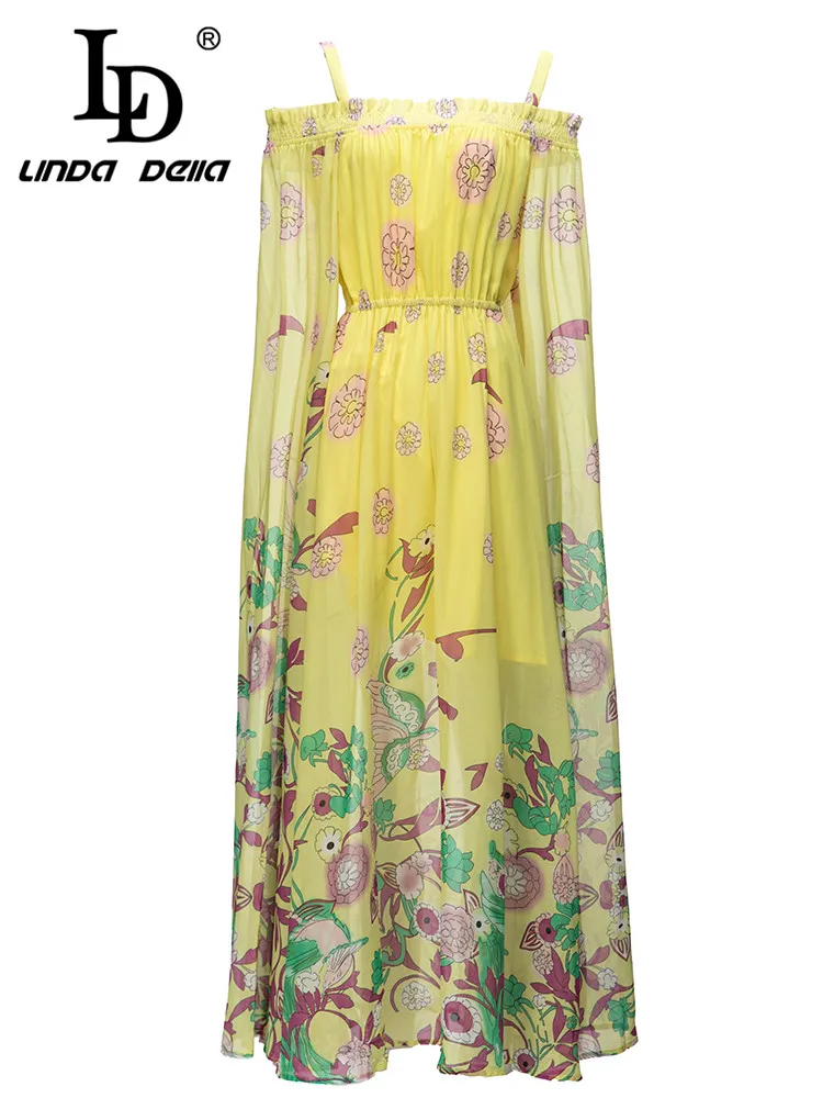 

LD LINDA DELLA 2023 летнее подиумное дизайнерское винтажное платье женское прозрачное вечерние платье с расклешенным рукавом и высокой талией