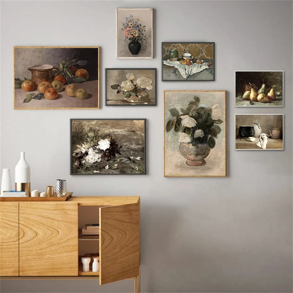 Винтажные нейтральные натюрморт цветы розы фрукты ботанические постеры холст