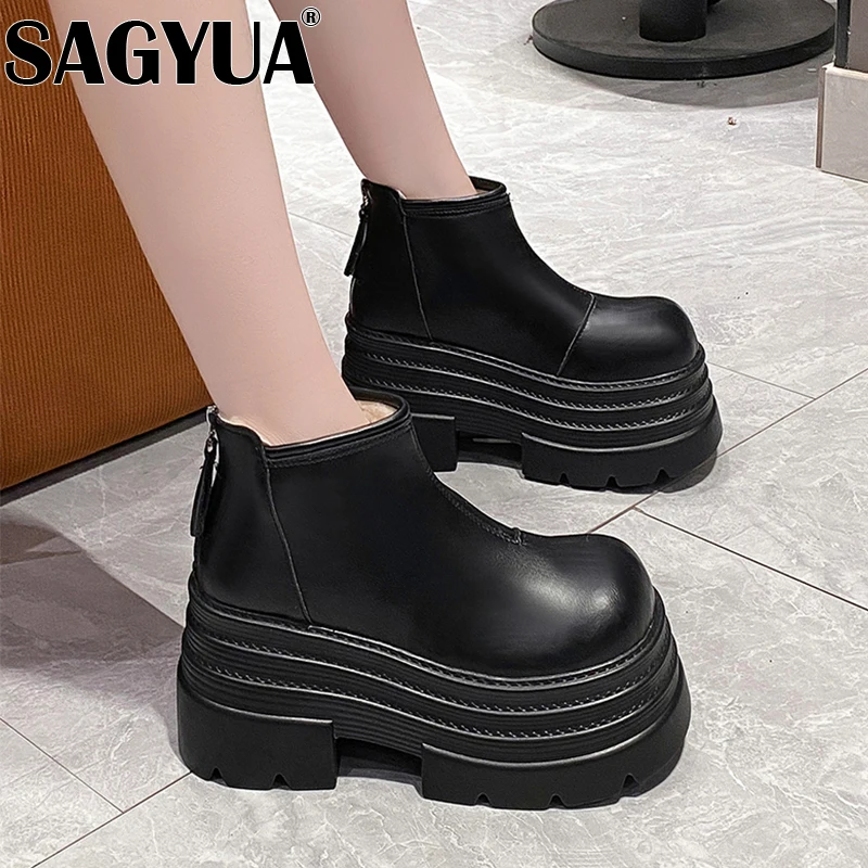 Женские зимние ботильоны на платформе кожаная обувь высоком каблуке новинка