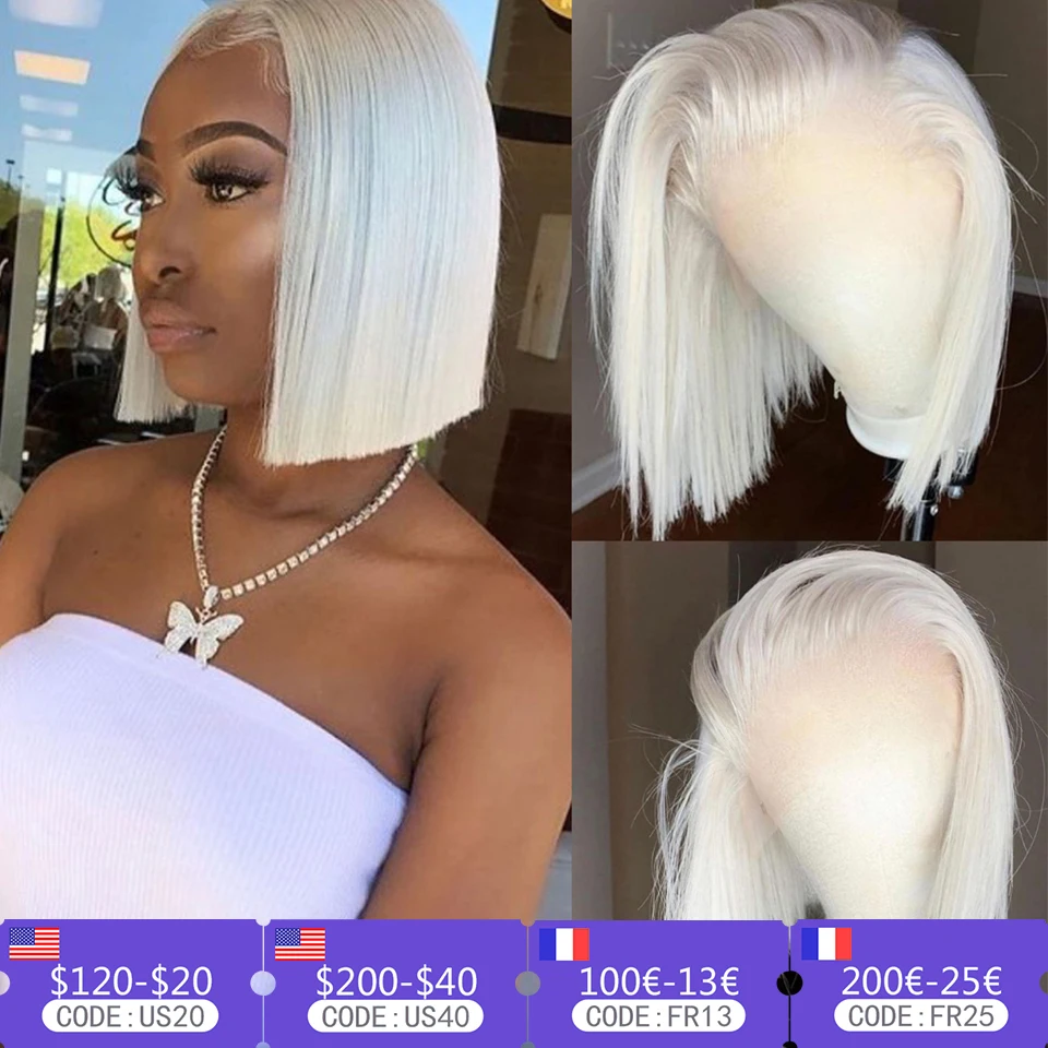 White Ash Blonde Bob Lace Front Wig Human Hair Pre Plucked Brazilian Remy Straight  Lace Frontal Wig For Women