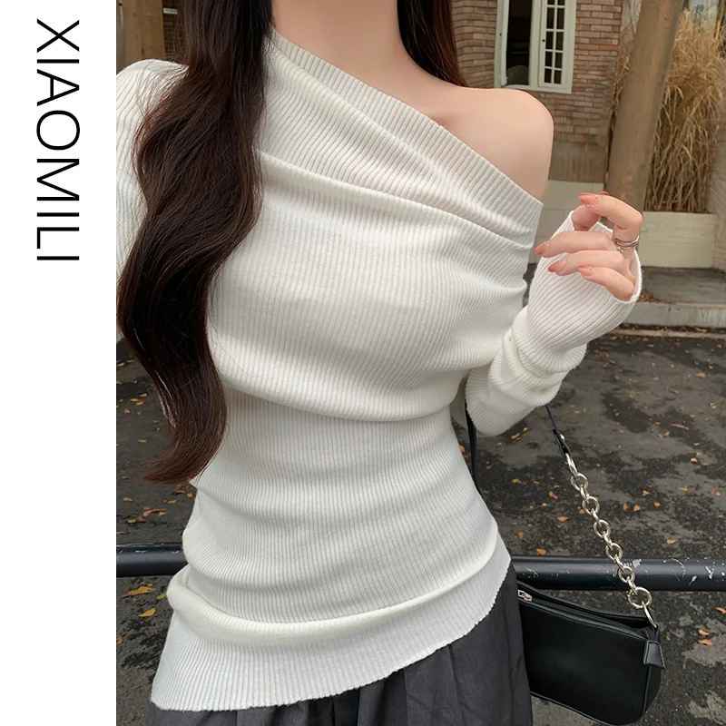 Сексуальная трикотажная женская зимняя рубашка Gyaru с открытыми плечами и