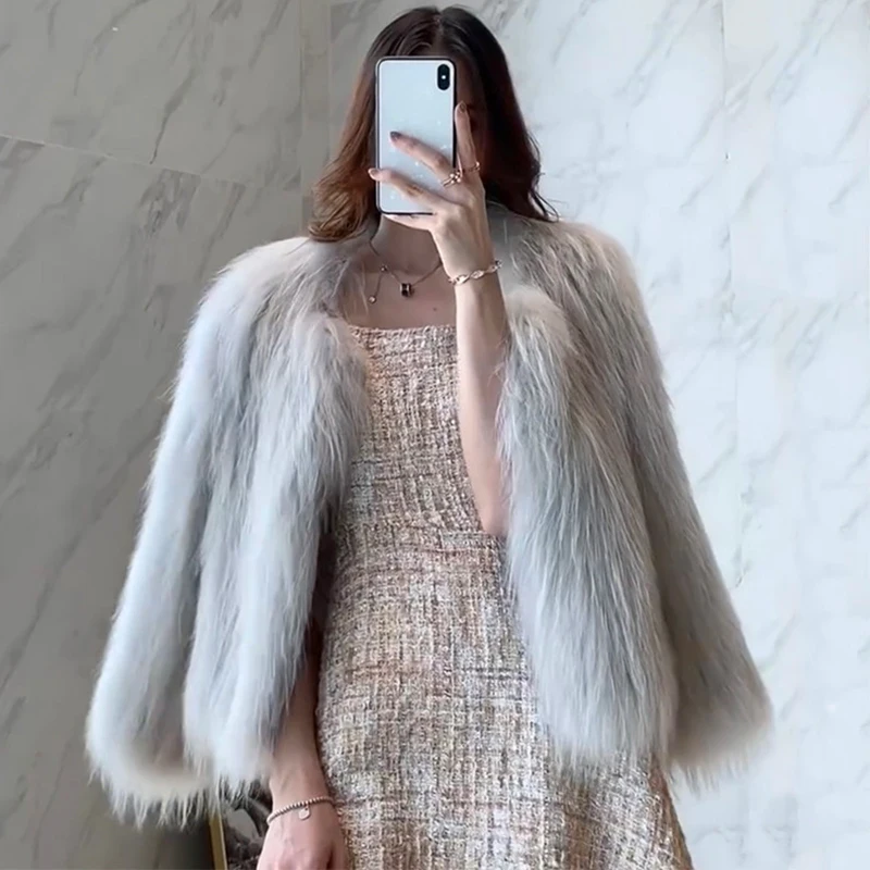 Fox Fur Grass Women's Short 2022 Winter Korean  Faux Mink Fur Mink Coat Fur Coat Luxury Elegant Lady O Neck fur Cardigan