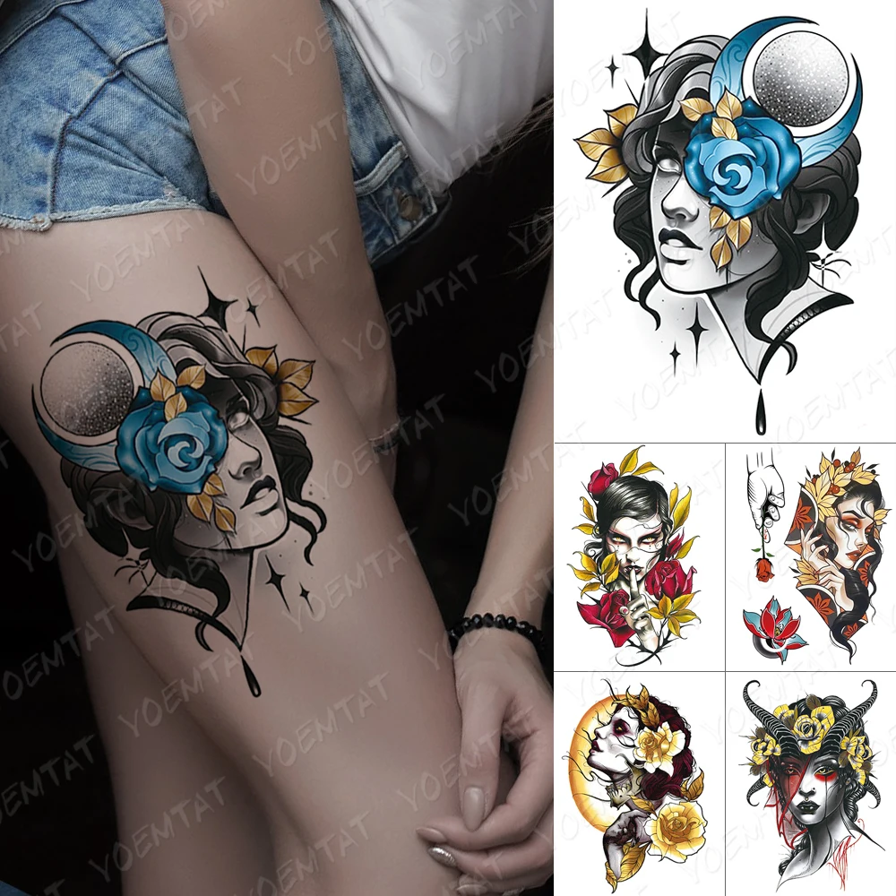 

Waterproof Temporary Tatoo Stickers Rose Crescent Leaves Charming Beauty Body Art Dark 3D Fake Tattoo Men Women Sexy Leg Tattoos