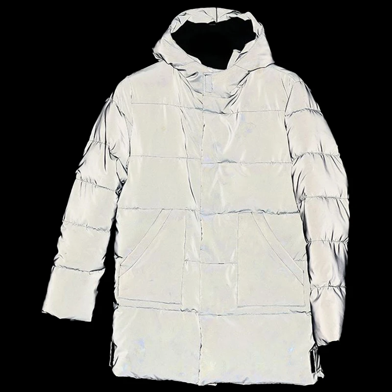 Parklees Men Reflective Cotton Padded Jacket Coat 2022 Winter New Night Fluprescent Hooded Coat Fashion Hiphop Warm Overcoat 3XL