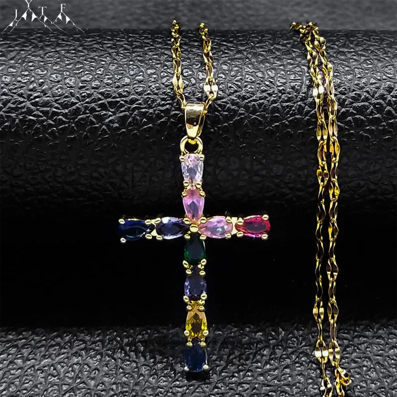 

Exquisite Colorful Shinny Zircon Cross Pendant Necklace Women Stainless Steel Clavicle Chain Crystal Necklaces Y2K Jewelry Gifts