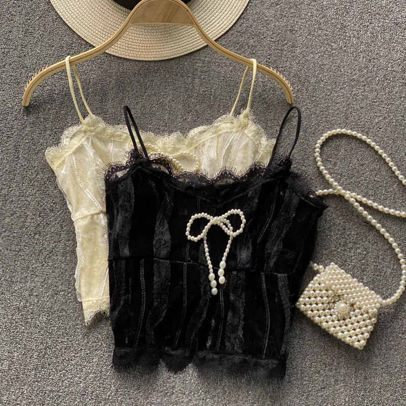 

lace tassels crop tops sexy spaghetti strap tanke top off shoulder pearl butterfly slim fit cami for women sling vest