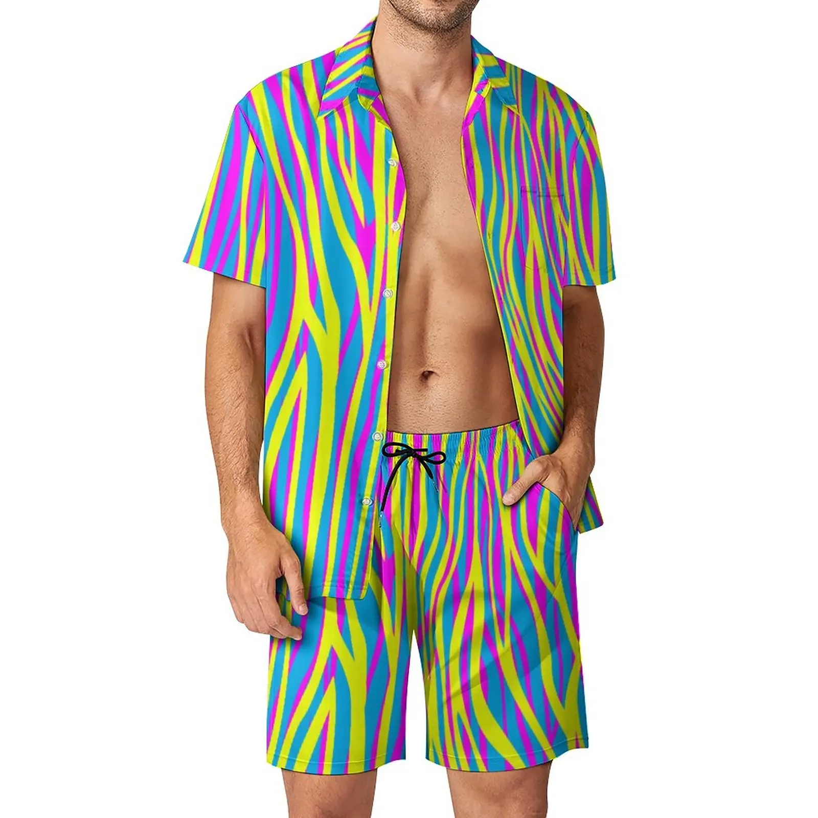 

Colorful Zebra Stripes Vacation Men Sets Funky Animal Print Casual Shirt Set Summer Design Shorts Two-piece Retro Suit Big Size