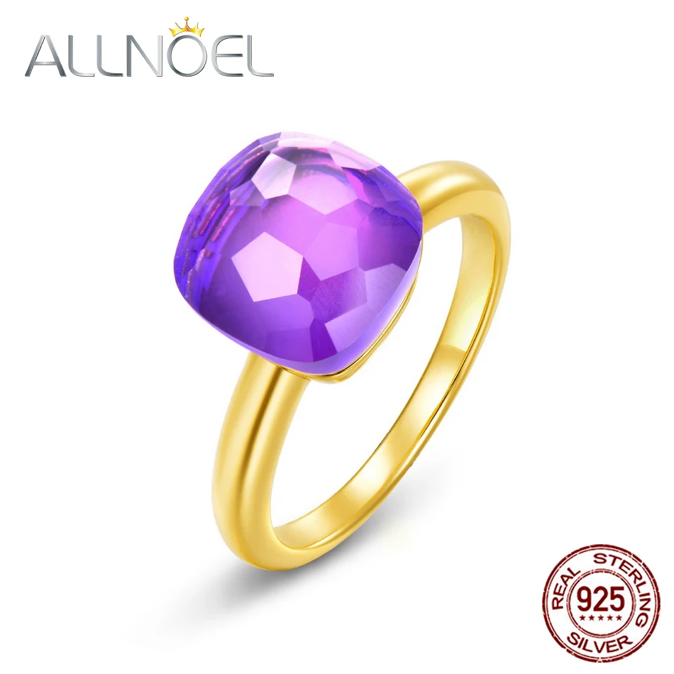 

ALLNOEL Solid 925 Sterling Silver Rings For Women Synthetic Gemstone Real Gold Plated Candy Sweety Engagement Fine Jewelry New