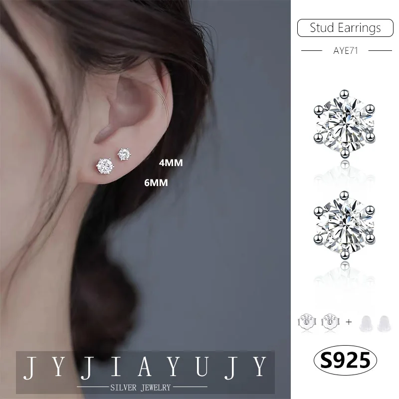 

JYJIAYUJY 100% Sterling Silver S925 Stud Earrings Six Claw White Zircon Fashion Trendy Hypoallergenic Daily Jewelry Gift AYE71