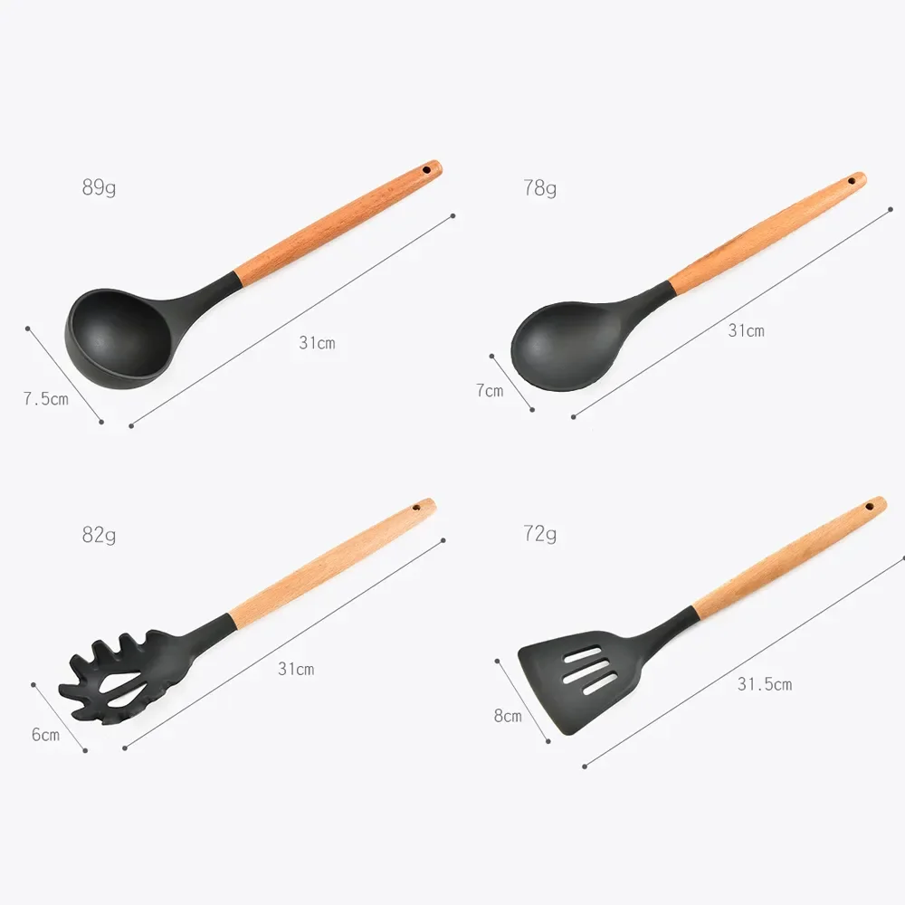 

2023 Best Silicone Cooking Utensil Set Wooden Handle Spatula Soup Spoon Brush Ladle Pasta Colander Non-stick Cookware Kitchen To