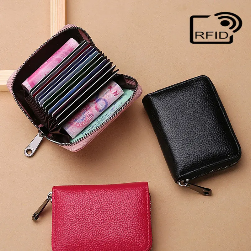 Cowhide Leather Id Credit Card Holder Wallet Coin Purse Zipper Organizer Multi-Slot Card Bag Zipper Wallet Holder