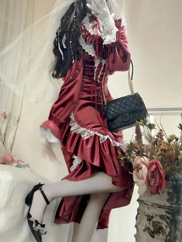 

Gothic Lolita OP Dress Lace Ruffles Bows Long Sleeve Velour Burgundy Classical Lolita One Piece Dress