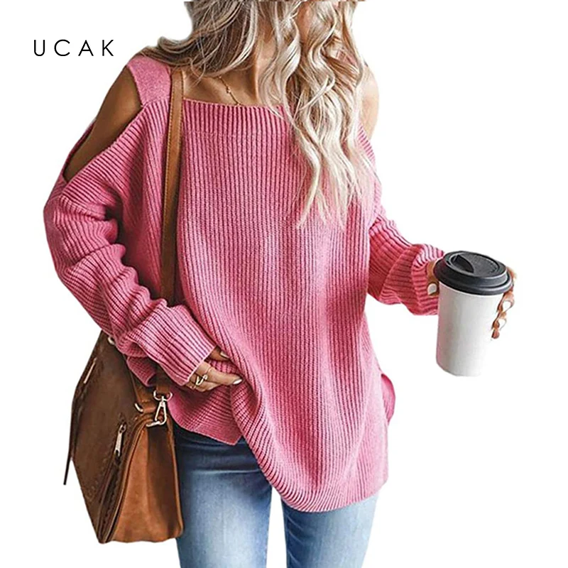 

UCAK 2022 autumn winter new halter long sleeve jumper knit loose sweater women