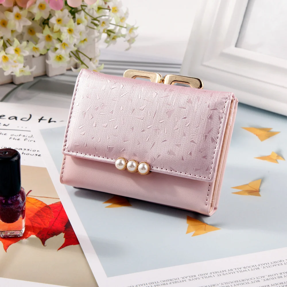 

Korean-style Pearl Purse For Women Classic Soild Color Short Three Fold Wallet Lady Party Cute Mini Clutch Bag