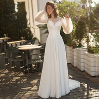 tixlear women classic button decoration lace appliques vestido de novia 2022 simple long puff sleeves chiffon wedding dress