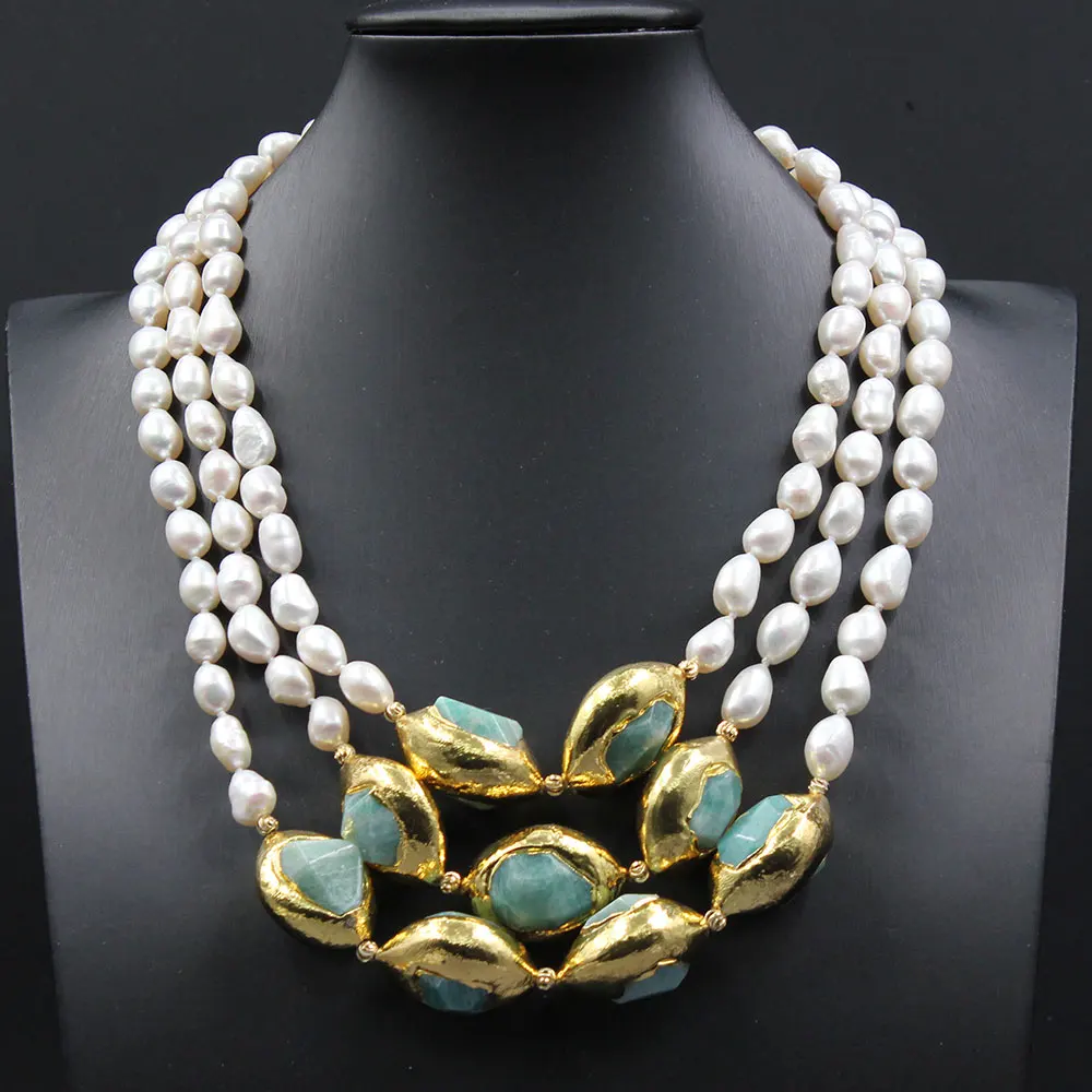 3 Rows Freshwater Cultured White Keshi Pearl Gold plated Amazonite Nugget Necklace For Women