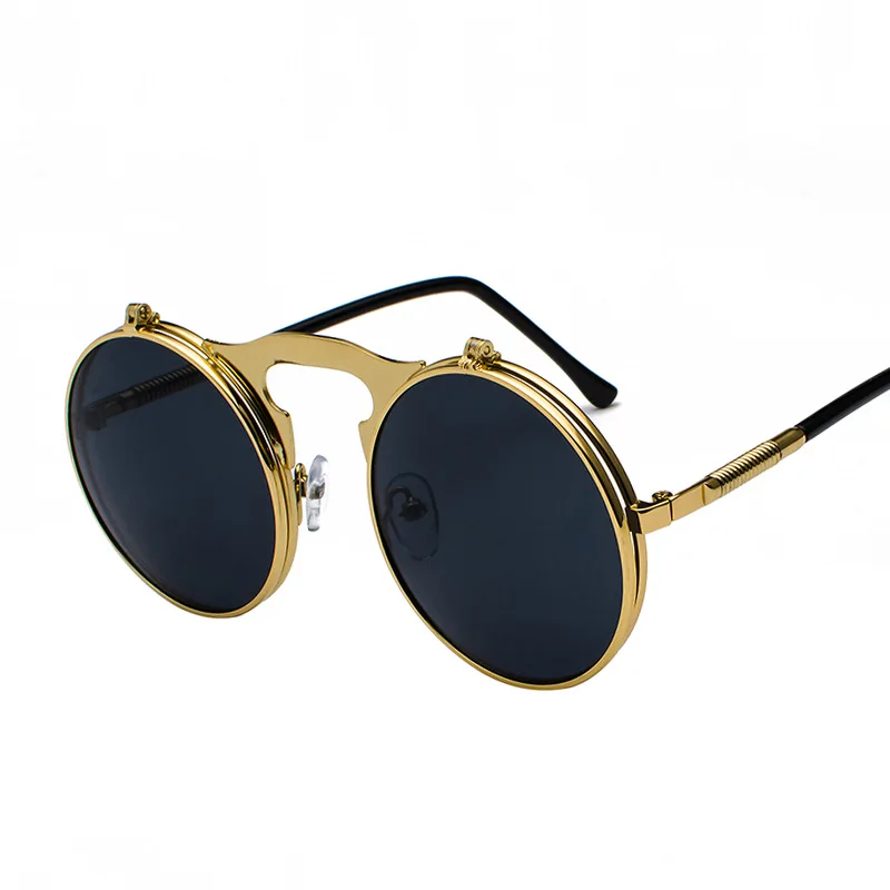 Купи Luxury Vintage Steampunk Flip Sunglasses Retro Round Metal Frame Sun Glasses for Men Women Brand Designer Circle Glasses Oculos за 149 рублей в магазине AliExpress