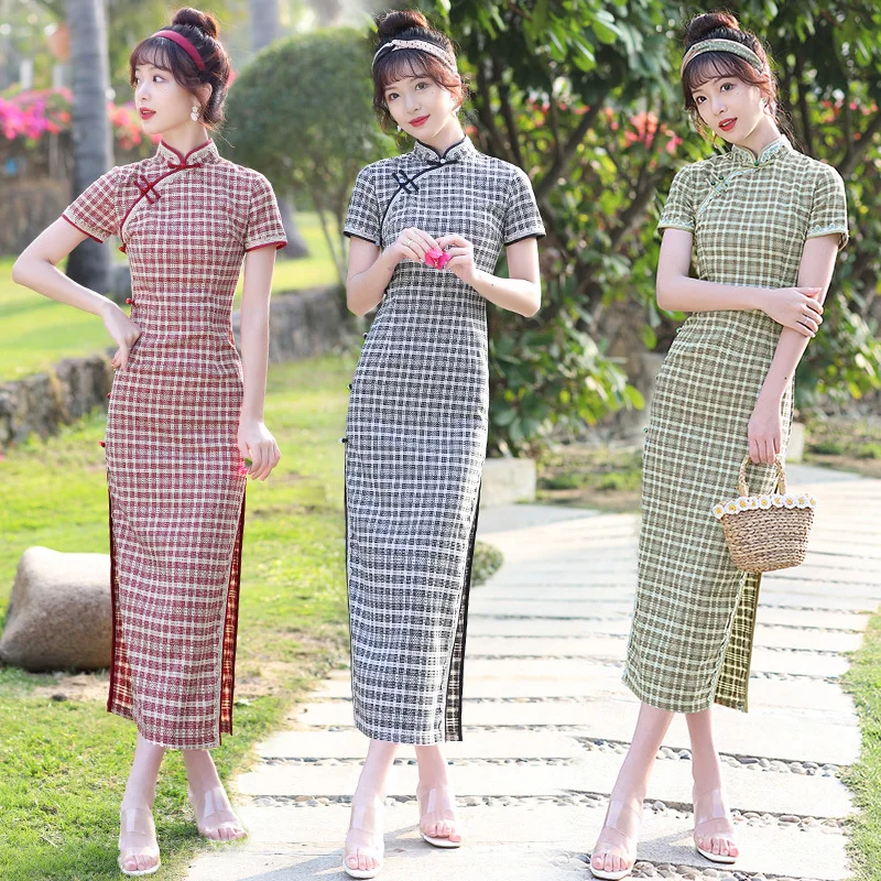 Sheng Coco Plaid Modified China Dress Traditional Cheongsam Long Literary Lattice Slim Performance Stretch Cheongsam Girls Dress