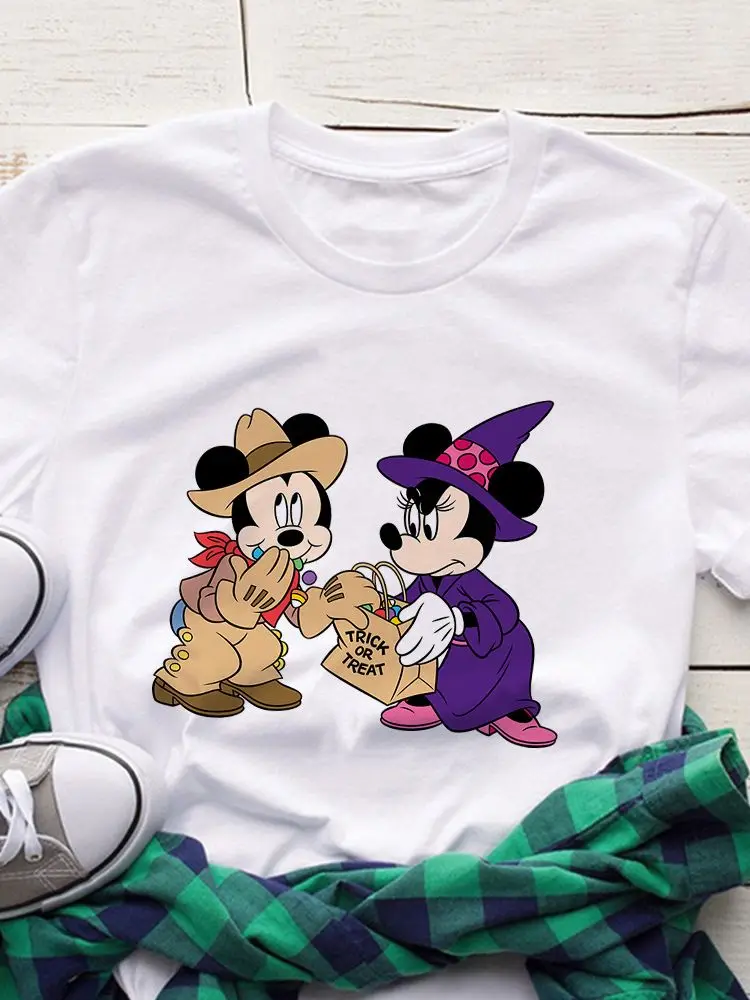 

Disney Women T-Shirt Halloween Mickey Minnie Mouse Funny Graphic White Short Sleeve Trick Or Treat Hot Four Seasons Female Tops