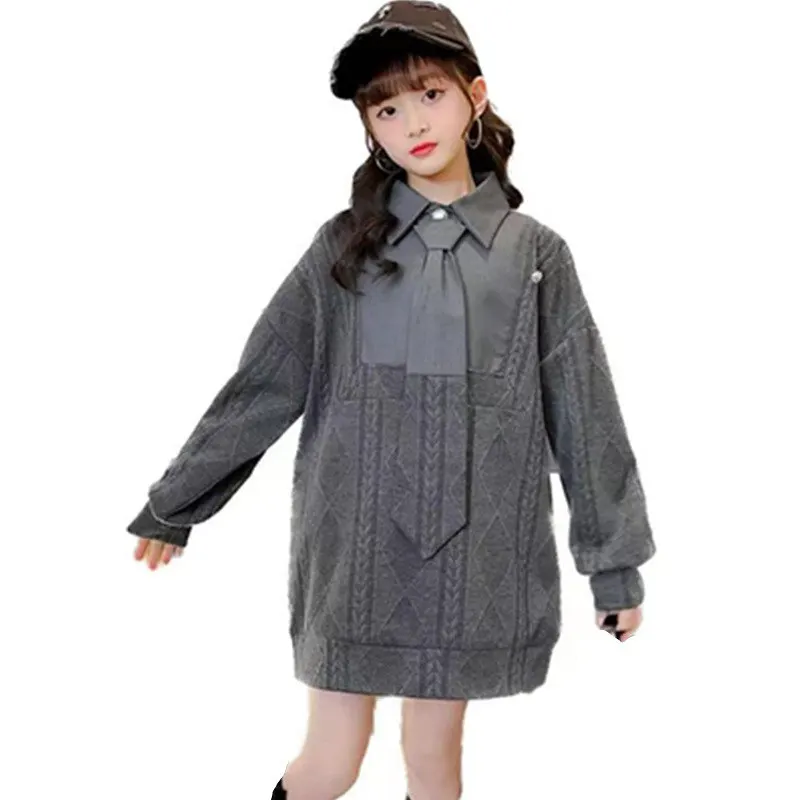 

MODX Spring Sweatshirt Dress Fashion Korean Grey Shirt Collar with Necktie Design Long Sleeve Clothes Loose Tops for Kids 5-14T