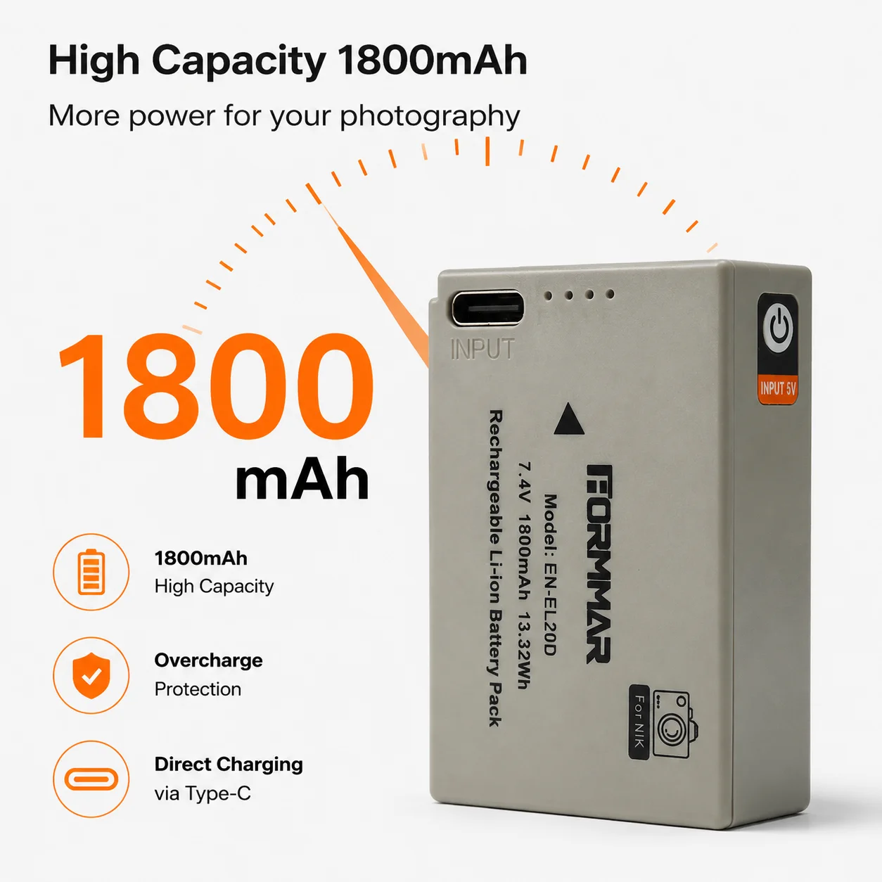Фото Аккумулятор EN-EL20 EN-EL20A 1800 мАч 7.4 В с зарядкой через USB Type-C, литий-ионный аккумулятор для Coolpix P1000 P950 Nikon 1 J1 J2 J3 AW1 №2