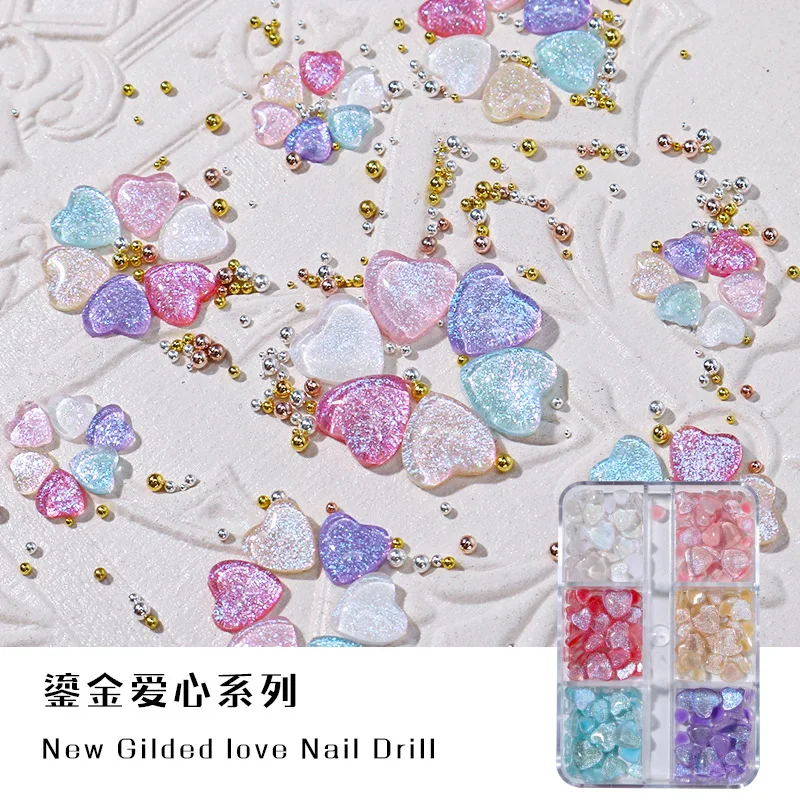 

1box Kawaii Resin Nail Art Decorations 3D Glitter Heart With Gold Caviar Nail Charms Rhinestones DIY Kawaii Accessories Manicure