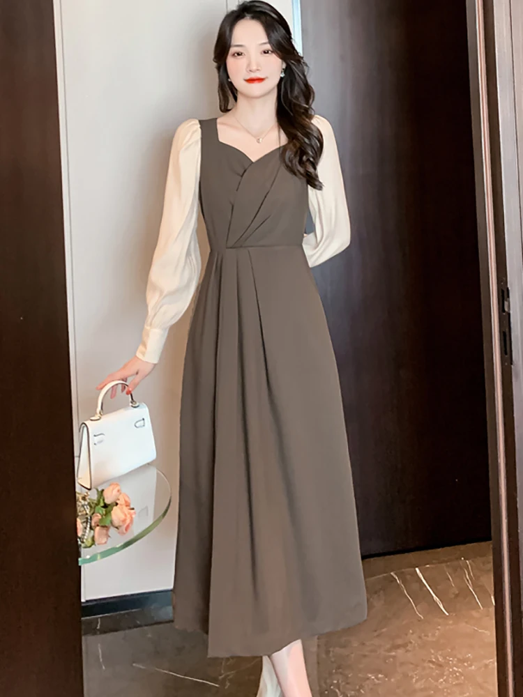 

Autumn Winter Fashion Patchwork Casual Midi Robe Women Elegant Office Lady Chic Prom Dress 2022 Korean Bodycon Party Night Dress