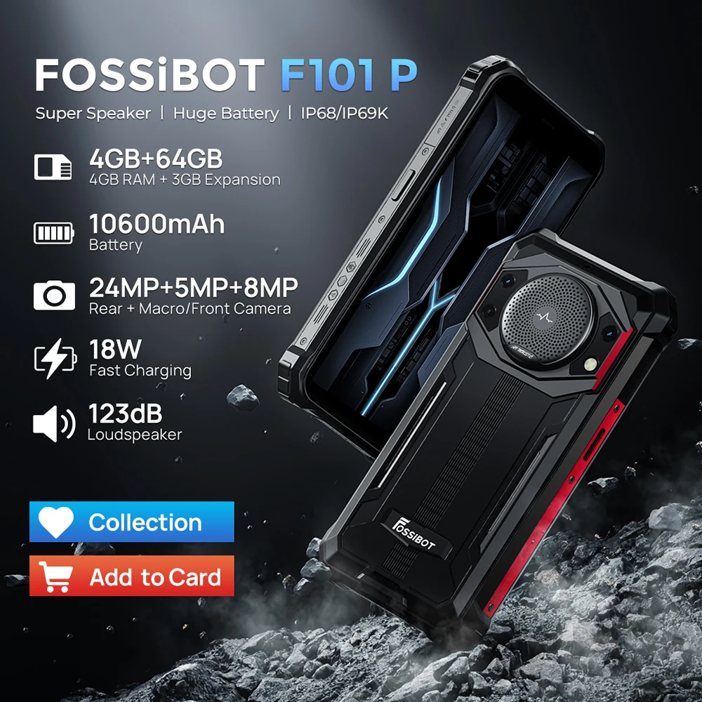 

FOSSiBOT F101 P,10600mAh Battery, 4GB RAM 64GB ROM, 24MP, Large Speaker, 5.45 inch HD+Water Droplet Screen, IP68 Waterproof
