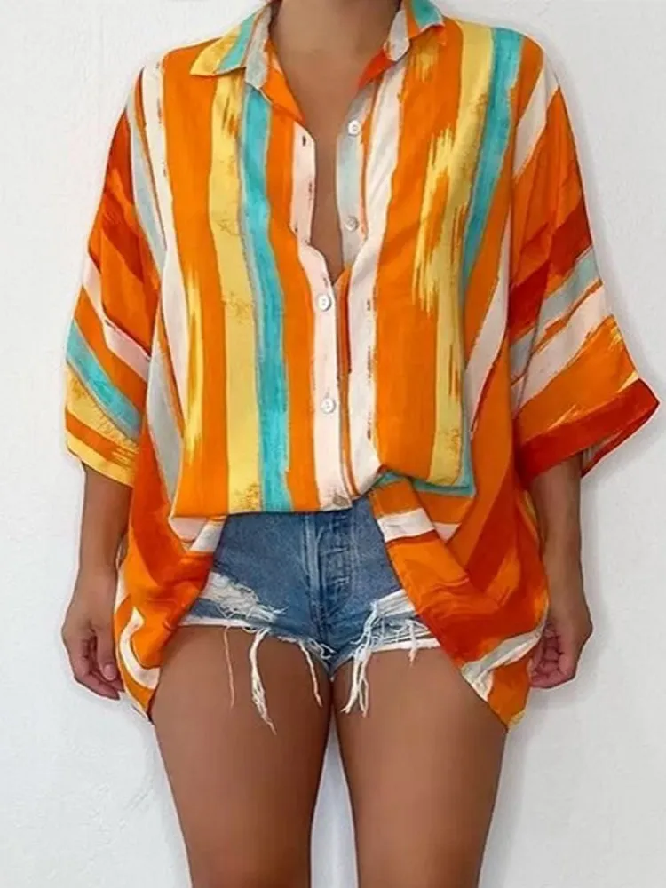 

African Clothes Tops For Women Turn Down Collar Full Sleeve Blouses Summer Autumn New Stripe Casual Africa Clothing Shirts Tunic