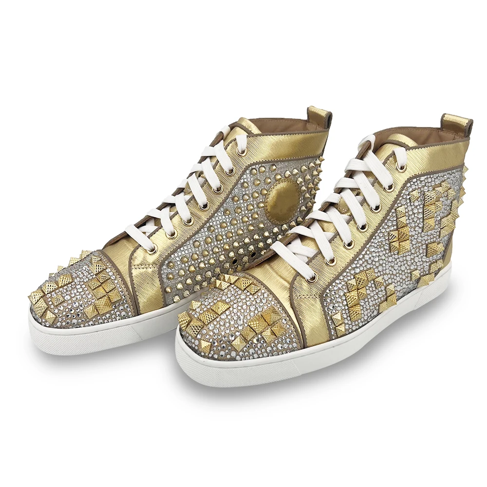 

Luxury Designer Crystal Gold Spikes Casual Shoes Calfskin Leather High Top Sneakers Shoes Women Men Punk Platform Trainer Shoes